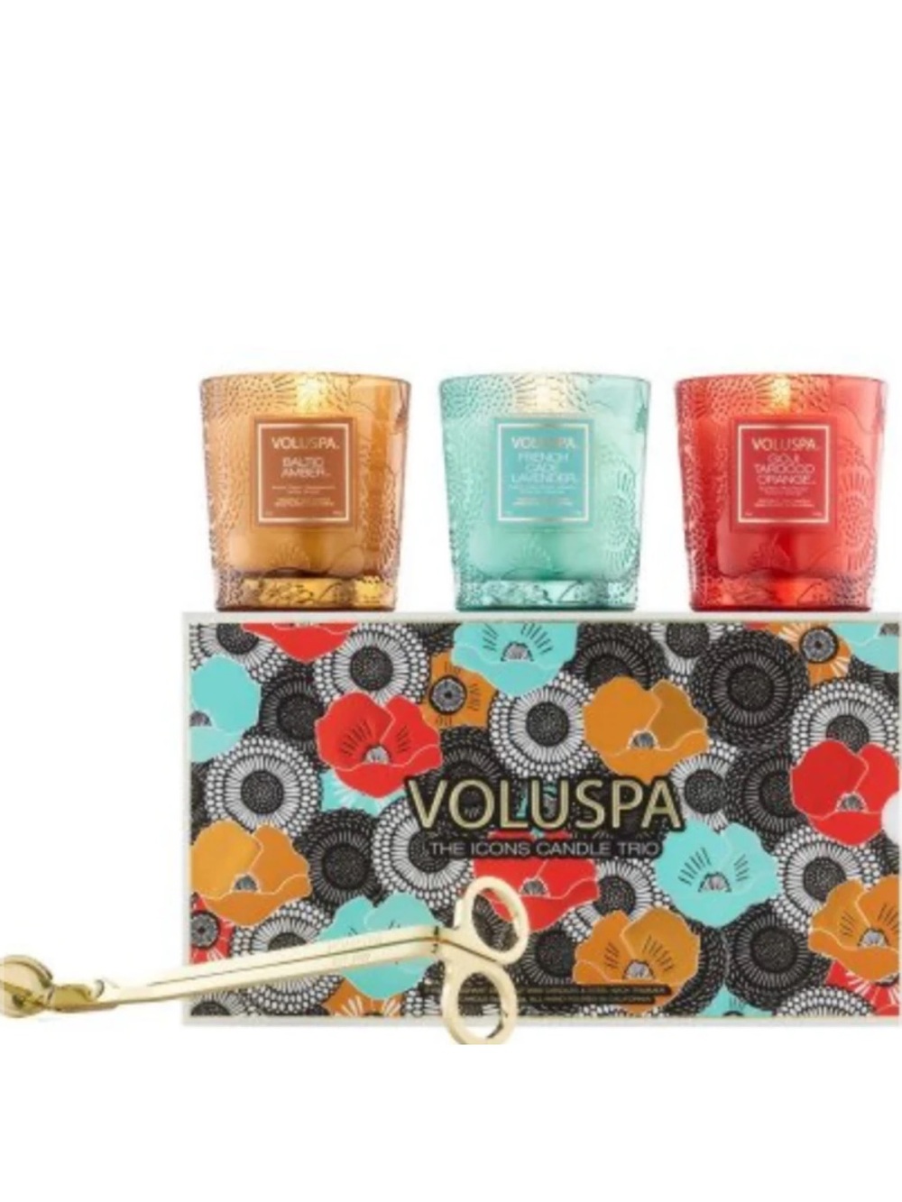 Voluspa Trio Votive Set - Red, Teal, Gold Glass Candles